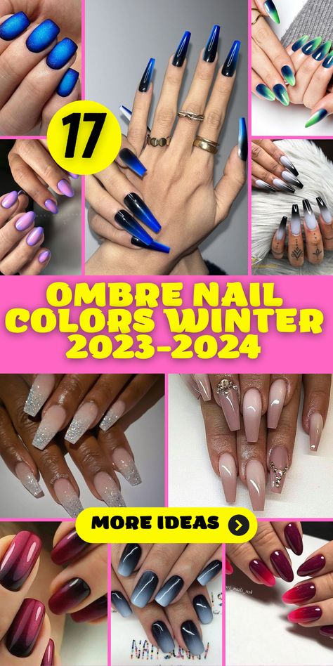 Street Chic: Ombre Nail Colors Ideas Winter 2023-2024: Embrace street chic vibes with ombre nail colors ideas for winter 2023-2024. These trendy nail designs featuring shades like blue, pink, and green are perfect for short nails. Try almond or stiletto shapes and experiment with acrylic or gel nails for a bold statement. Stay ahead of 2023 nail trends with these 35 trending ombre nail art designs. Ombre Nails Winter Color Trends, Nails For Fall/winter, Ombre Nails Winter Colors, Gel Nails Ideas 2024, Ombré Winter Nails, Hombre Nails Ombre Winter, Hombre Blue Nails, Winter Ombre Nails Acrylic, Gel Nail Designs 2024