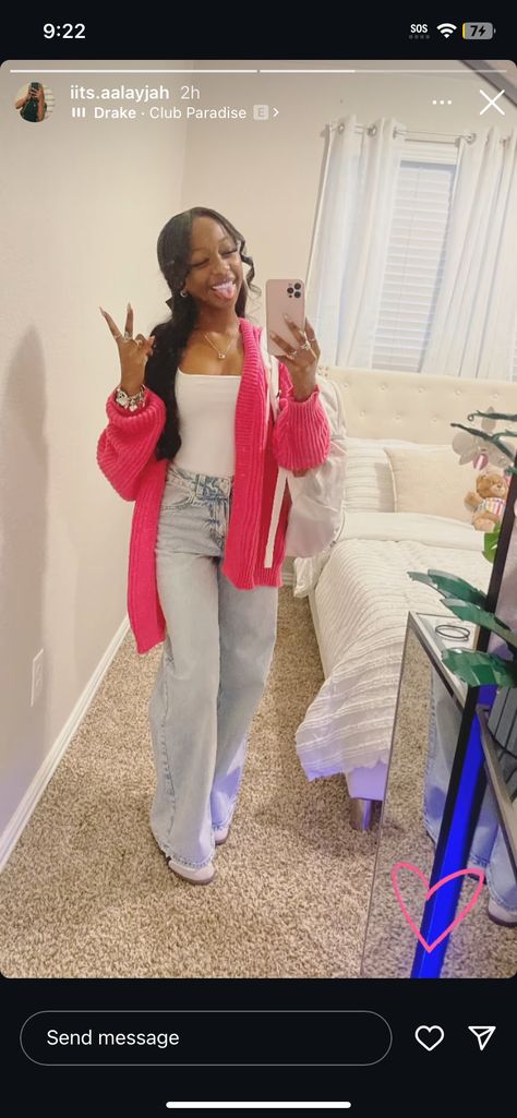 78 Degree Weather Outfit Summer, Birthday Outfits For School Winter, Style Pink Cardigan, Shein Cardigan Outfit, Black And Pink Campus 00s Outfit, Cute Cardigan Outfits Black Women, Black Cardigan Outfit Black Women, Pink Fall Outfits Black Women, Outfit With Pink Cardigan