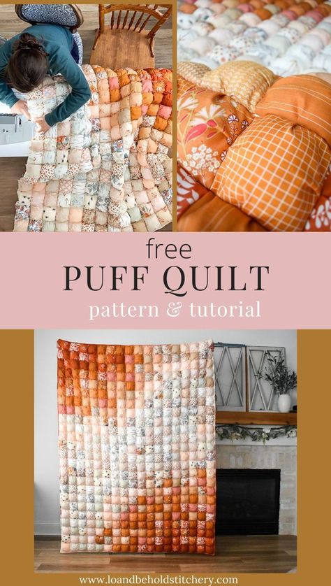 Create a beginner friendly puff quilt or biscuit quilt with this easy and modern tutorialChoose from various sizes including babythrow and bed sizes and make the perfect gift for yourself or loved oneUse scrapsfat quartersquarter yards or charm packsThis is the perfect precut friendly quilt projectDownload the FREE pattern and follow along with the video tutorial. Beginner Sewing Quilt, Things Made From Scrap Fabric, Simple Quilt Tutorial, Quilting Easy Beginner, Sewing Projects For Bedroom, Quilted Bed Throws Ideas, Quilt Ideas For Beginners Free Pattern, Free Puff Quilt Pattern, Comforter Pattern Sewing