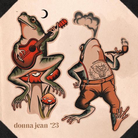 New flash ripe for the bookin’ 𓆏 Papa toad and guitar frog are repeatable in both color and b&g, available to tattoo ✁ #frogtattoo… | Instagram Loveland Frogman Tattoo, Frog With Guitar Tattoo, Horned Toad Tattoo, Frog Toad Tattoo, Frog Guitar Tattoo, Over The Garden Wall Frog Tattoo, Frog Playing Guitar Tattoo, Peace Frog Tattoo, Traditional Frog Tattoo Flash