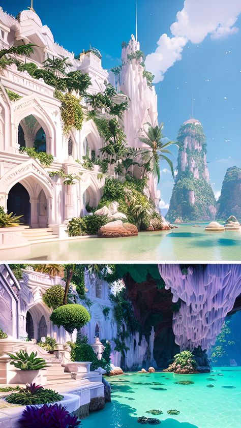 Fantasy Beach House Concept Art, Fantasy Beach Town, Fantasy Coastal City, Mermaid Village, Ocean Palace, Island Palace, Underground Kingdom, Mermaid Palace, Island Kingdom