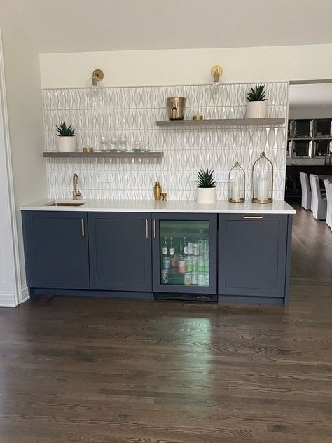 Updated Wet Bar Built Ins, Basement Serving Counter, Dry Bar Coffee Station, Downstairs Bar Ideas, Dry Bar Ideas Basement, Modern Wet Bar Ideas, Small Home Theater Ideas, Small Kitchen Storage Hacks, Bar In Kitchen