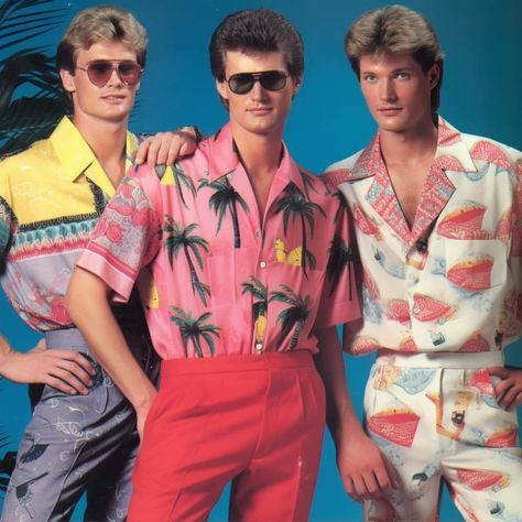 Miami 1980s Fashion, Barbie Movie Outfits Men, Colorful 80s Outfits Men, Miami Vice Mens Outfit, Ken Outfit Ideas For Men, Men’s 80s Outfits Party, 1980s Miami Vice Fashion, 80s Miami Fashion, 80s Fashion Men Outfits