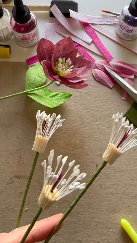 Working on hellebores today… using some lovely pre-made stamen since I had several flowers to complete this afternoon. I love making my own… | Instagram Handmade Flowers Tutorial, Crepe Paper Flowers Tutorial, Crepe Flowers, Crepe Paper Crafts, Crepe Paper Flowers Diy, Paper Flowers Diy Easy, Săpunuri Handmade, Paper Flower Patterns, Paper Flower Art