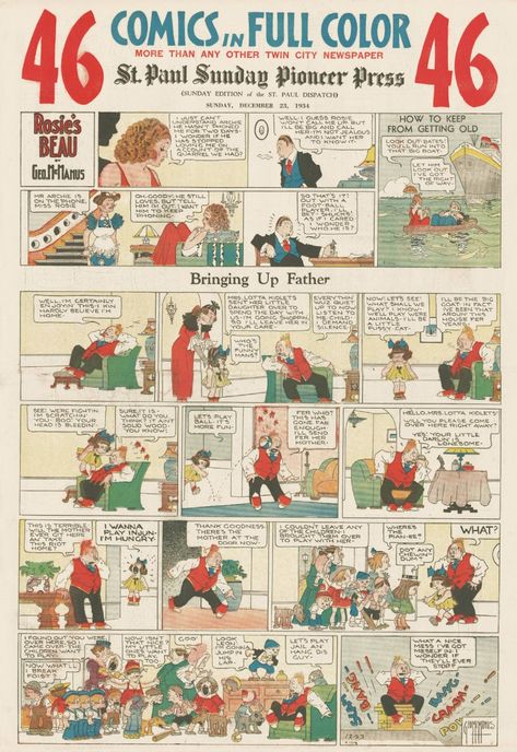 1934 - Rosie's Beau - Bringing up father (Sunday page). Publication newspaper. Sunday Comics Newspaper, Newspaper Comics, Newspaper Cartoons, Sunday Comics, Sunday Funnies, Newspaper Comic Strip, Looney Tunes Cartoons, Bd Comics, Beautiful Flowers Garden