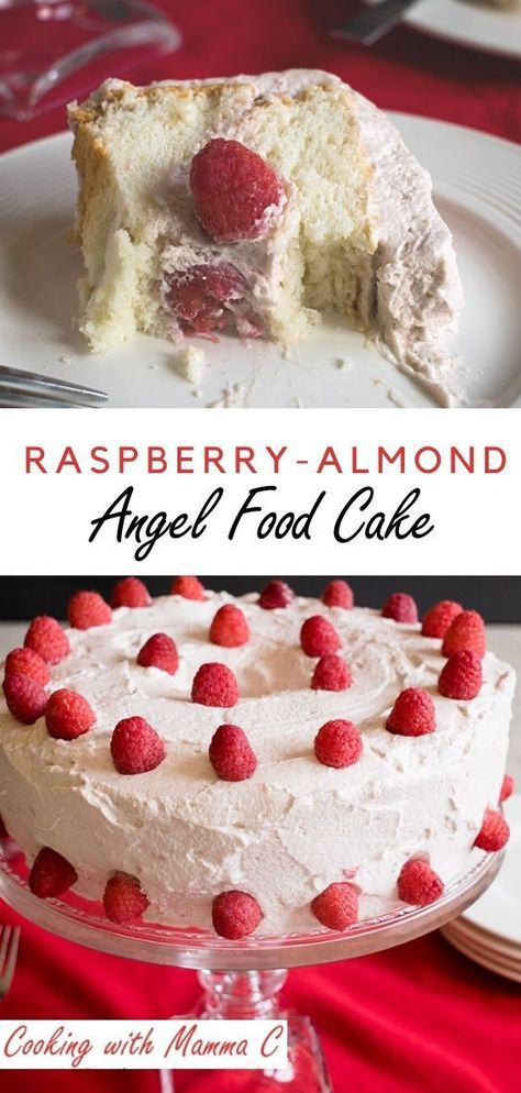 Birthday Cake For Women Easy, Easy Whipped Cream, Birthday Cake For Women, Cake For Women, Angel Food Cake Desserts, Food From Scratch, Raspberry Almond, Raspberry Filling, Angel Cake