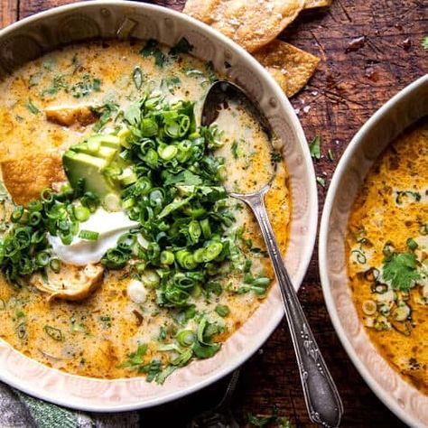 Creamy Green Chili Tortilla Soup - Half Baked Harvest Green Chili Chicken Soup, Colorado Recipes, Green Chili Soup, Green Chili Stew, Sweet Potato Lentil Soup, Creamy Chicken Tortilla Soup, Green Chili Chicken, Indian Butter Chicken, Diced Green Chilies