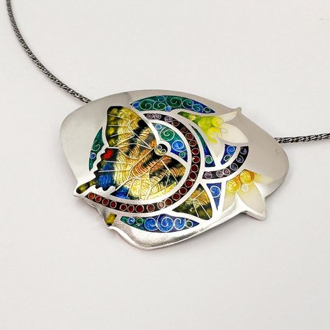 "This item is ready to ship!  Butterfly Pendant Handcrafted by Sandra McEwen with Cloisonné & Champlevé Enamel in Fine Silver on Sterling Rhodium Plated Chain Introducing the epitome of elegance and craftsmanship: a stunning cloisonné and champlevé enamel butterfly pendant on fine silver. The intricate design and attention to detail is evident in every aspect of this piece. The enamel, with its rich and vibrant colors, is set in delicate fine silver, creating a stunning contrast that is sure to Champleve Enamelling, Champleve Jewelry, Enameling Techniques, Oak Leaf Earrings, Cloisonne Enamel Jewelry, Cloisonne Jewelry, Polka Dot Earrings, Enamel Art, Enamel Butterfly