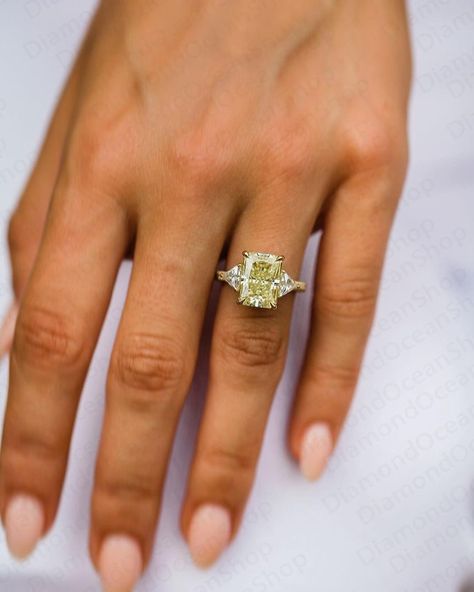 canary Yellow Moissanite Engagement Ring Yellow Radiant Cut Diamond Wedding Ring 14k yellow Gold ring Promise women fancy yellow diamondRing ♠ Stone Details ➵ Center Stone Weight: 5.0CT ( 11.25x8.25mm) Radiant Cut Moissanite ➵ Side stone: 1.20Ctw Moissanite ➵ Band width: 1.8mm ➵ Band thickness: 1.1mm ➵ Gemstone: Moissanite ➵ Stone Color (Fancy Yellow/Canary Yellow) ➵ Stone Luster: Excellent ➵ Stone Clarity: VVS1 ➵ Stone Make: High Quality ➵ Center Stone Shape: Radiant Cut ➵ Metal Change(10k/14k/ Bridal Proposal, Fancy Yellow Diamond Ring, Radiant Cut Rings, Engagement Ring Yellow, Yellow Diamond Ring, Canary Diamond, Yellow Diamonds Engagement, Yellow Diamond Engagement Ring, Future Engagement Rings