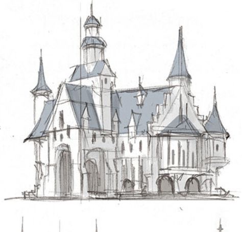 Fantasy House Drawing Sketch, Fantasy Architecture Drawing, Castle Perspective Drawing, Castle Drawing Reference, Castle Architecture Drawing, Castle Sketch Simple, Castle Drawing Sketches, Medieval Castle Drawing, Castles Drawing