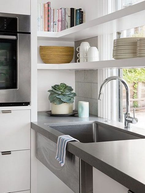 11 Ways To Make Big Space in Your Small Kitchen - Use The Window Shelves In Front Of Kitchen Window, Kitchen Window Shelves, Window Kitchen, Kitchen Remodel Countertops, Industrial Kitchen Design, Kitchen Countertop Materials, Kitchen Open, Kitchen Corner, Trendy Kitchen