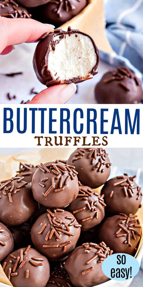 Buttercream Truffles came out of the need to use up extra frosting. Creamy vanilla filling dipped in rich chocolate for a delicious treat. Hand Rolled Truffles, Cream Filled Chocolate Candy Recipes, Vanilla Truffles Recipe, Buttercream Filled Chocolates, Vanilla Cream Chocolates, S’mores Truffles, How To Dip Truffles In Chocolate, Spicy Chocolate Truffles, Easter Truffles Recipes