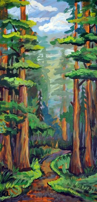 Painting Trees Acrylic, Plant Painting Acrylic, Forest Painting Acrylic, Bacteria Art, Green Acrylic Painting, Tree Acrylic Painting, Vertical Art, Long Painting, Redwood Trees