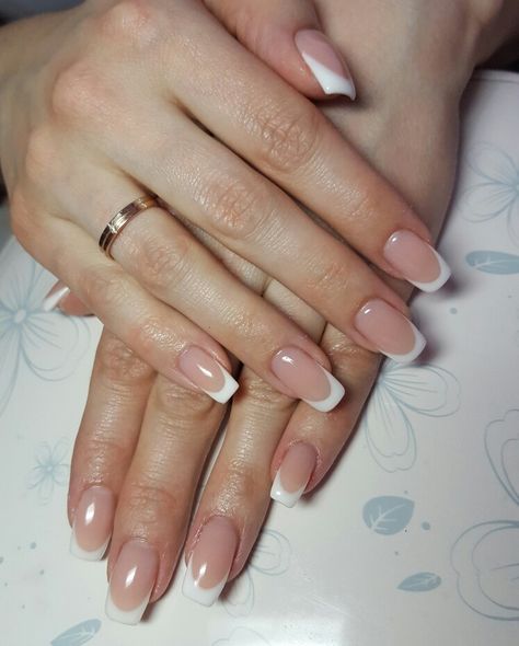 Natural French Tips Acrylic, Squoval French Tip Nails Long, Promotion Nails, French Tip Gel Nails, Squoval Nails, Simple Gel Nails, French Tip Acrylic Nails, Work Nails, Classic Nails