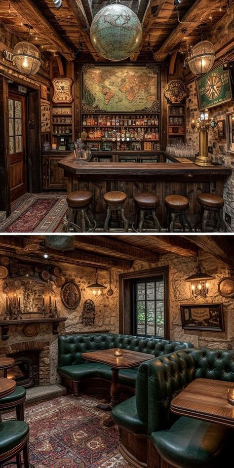 English Pub Interior, English Pub Decor, Speakeasy Decor Bar, Home Pub Ideas, Steampunk Bar, Tavern Decor, Speakeasy Decor, Pub Furniture, Underground Bar