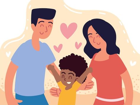 Adoption family with boy | Premium Vector #Freepik #vector #family-smile #young-family #happy-family #family Family Bonding Drawing, Adoptive Family Photos, Adoption Illustration, Tea Video, Irish Tea, Family Clipart, Spanish Lessons For Kids, Interracial Family, Family Stickers