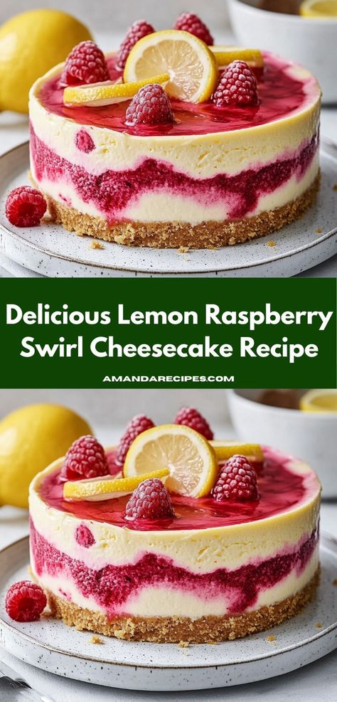 Need a sweet treat that’s simple to make? This Lemon Raspberry Swirl Cheesecake is a breeze to whip up, offering a burst of flavor and a beautiful presentation that’s sure to impress your family and friends. Raspberry Lemonade Cheesecake, Lemon Raspberry Cheesecake Factory, Raspberry And Lemon Desserts, Raspberry Lemon Cheesecake Recipes, Lemon And Raspberry Cheesecake, Easy Lemon Cheesecake Recipes, Lemon Topping For Cheesecake, Lemon Raspberry Swirl Cheesecake, Spring Cheesecake Recipes