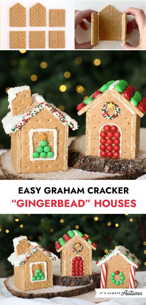 This is the easiest way to make a gingerbread house! Click through for step by step instructions for easy graham cracker houses that won't collapse. Gingerbread Houses Using Graham Crackers, How To Make A Gingerbread House With Graham Crackers, Gingerbread Houses With Graham Crackers Ideas, Gingerbread House Ideas With Graham, Gingerbread Houses In The Classroom, Ginger Bread House Out Of Graham Crackers, Grahm Cracker Gingerbread House, Easy Diy Gingerbread House With Kids, Gingerbread House Made From Graham Crackers