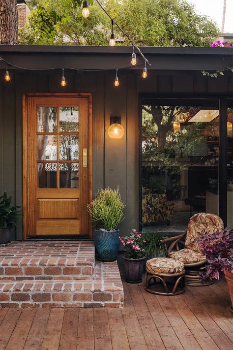 Laurel Canyon Home, Mirrored Bar, Brick Steps, Color Lights, Bungalow Homes, Cabin Exterior, Laurel Canyon, Casa Exterior, Wall Color