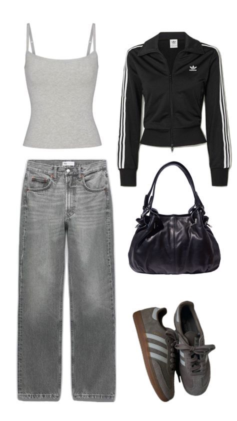 #fashion, #style, #outfitinspiration, #beauty Fit For School, Outfit Grey, Outfit Adidas, Black Handbag, Grey Jeans, Cute Outfit, Casual Fit, Not Mine, Adidas