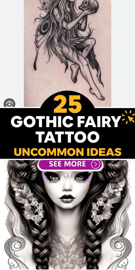 Gothic Female Tattoo, Witchy Fairy Tattoo, Dark Fae Tattoos, Dark Cottagecore Tattoo, Gothic Fairy Aesthetic, Gothic Tattoos For Women, Fairy Tattoo Designs Unique, Faerie Tattoo, Gothic Fairy Tattoo