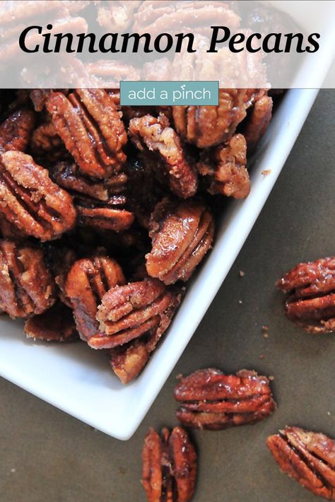 Skillet Cinnamon Pecans make a delicious nibble to serve when entertaining and make a scrumptious homemade gift. So quick and easy, this cinnamon pecans recipe is a holiday favorite! //addapinch.com #cinnamonpecans #pecans #spicedpecans #holidaypecans #addapinch Cinnamon Pecans Recipe, Cinnamon Roasted Pecans, Cinnamon Pecans, Spiced Pecans, Easy Skillet, Roasted Pecans, Pecan Recipes, Easy Cinnamon, Roasted Almonds