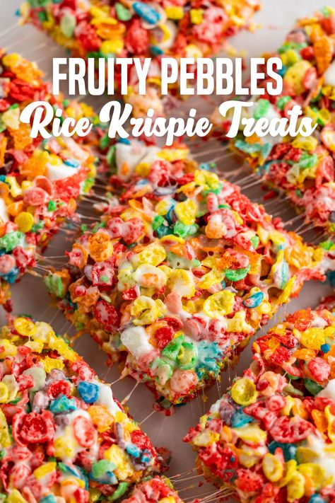 Square bright colorful Fruity Pebbles Rice Krispie Treats squares being stretched apart from each other with marshmallow pulling from each piece to the others. Baked Rice Crispy Treats, Rice Krispie Treats Homemade, Cereal Crispy Treats, Flavored Rice Crispy Treats, Rice Krispie Treats Flavors, Cereal Rice Crispy Treats, Gf Rice Krispie Treats, Fruit Loops Rice Crispy Treats, Fruit Pebbles Rice Crispy Treats