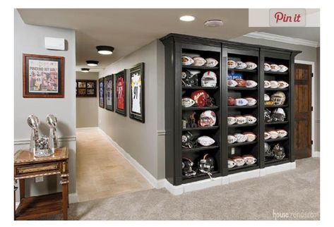 Sports Room Man Cave, Sports Memorabilia Room, Sports Man Cave, Memorabilia Display, Man Cave Room, Man Cave Basement, Black Shelves, Man Cave Home Bar, Sports Room