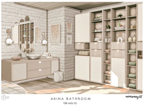 The Sims Resource - Akina Bathroom TSR only CC Sims 4 Interior Cc, Farmhouse Entry, Rustic Wood Floors, White Wood Floors, Empty Room, White Brick, Sims 4 Cc Furniture, Vintage Bathroom, Kitchen Marble