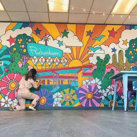 Dallas Murals, Office Mural, Mural Art Design, Mural Artist, Garden Mural, School Wall Art, School Murals, Colorful Murals, Instagram Prints