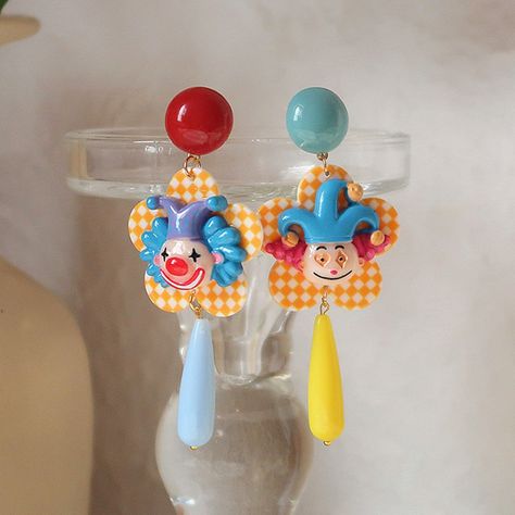 Clay Clown, Circus Jewelry, Clown Jewelry, Clay Clown Face, Clown Earrings, Porcelain Clown, Funky Earrings, Funky Jewelry, Clay Projects