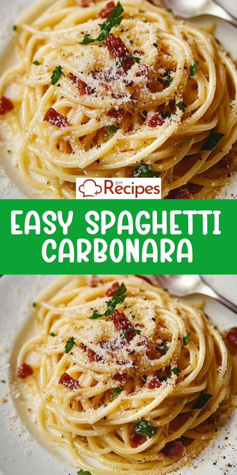 Whip up an easy spaghetti carbonara in under 30 minutes! With crispy bacon, Parmesan, and a creamy sauce, it’s a delicious dinner option. Bacon Spaghetti Carbonara, Carbonara Pasta Recipes, Pasta Al Carbonara, Spaghetti Carbonara With Peas, Bacon Carbonara Recipe, Cabonara Recipes Bacon, Creamy Bacon Carbonara Pasta, Bacon Spaghetti Recipe, Carbonara Creamy