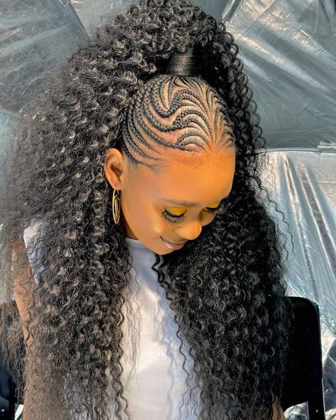 Goddess Feed In Braids Cornrows, Wavy Part Cornrows, Low Cornrow Ponytail For Black Women, Design Braided Ponytail, Stitch Braids With Ponytail, Butterfly Cornrow Braids For Black Women, Feedin Ponytail Braids With Curls, Braids Into Curly Ponytail, Half Cornrows Half Curly Weave With Heart