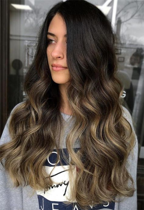 Dark Brown Hair With Colored Ends, Brown Hair With Colored Ends, Contrast Hair, Blonde Hair For Brunettes, Dark Brown Hair Dye, Brown Streaks, Brown Hair Color Shades, Dark Brown Balayage, Brown Hair Dye