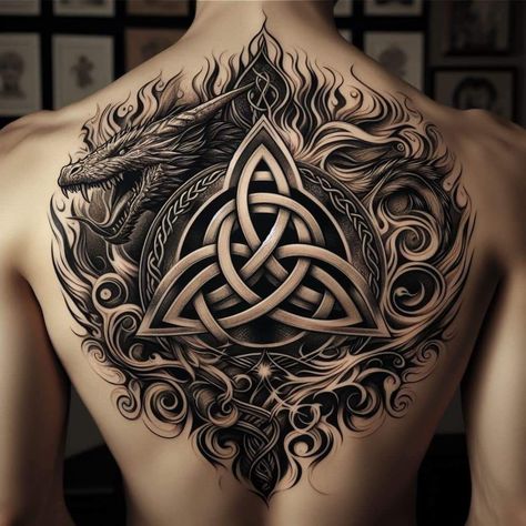 Celtic Back Tattoo Men, Norse Dragon Tattoo, Spine Tattoo Designs, Triquetra Tattoo, Dragon Tattoo Drawing, Celtic Dragon Tattoos, Backpiece Tattoo, Jewel Tattoo, Torso Tattoos