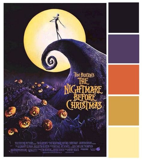 Nightmare Before Christmas Color Palette, Nightmare Before Christmas Movie Poster, Christmas Movie Poster, Halloween Color Palette, Nightmare Before Christmas Movie, Christmas Colour Schemes, Disney Princess Colors, Christmas Color Palette, Color Design Inspiration