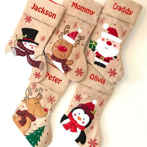 Farmhouse Christmas Stockings, Hanging Christmas Stockings, Embroidered Stockings, Christmas Stockings Diy, Family Stockings, Christmas Stocking Pattern, Christmas Feeling, Xmas Stockings, Christmas Stockings Personalized