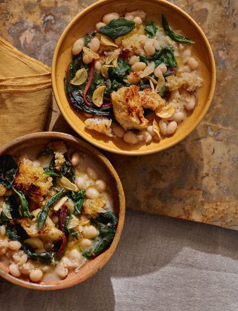 Brothy beans with Swiss chard, sage, garlic and freshly toasted croutons | House & Garden Brothy Beans, Graham Recipe, Recipes Using Beans, Tahini Dressing Recipe, Quiche Lorraine Recipe, Easy Vanilla Cake Recipe, Mary Berry Recipe, Chard Recipes, Winter Comfort Food