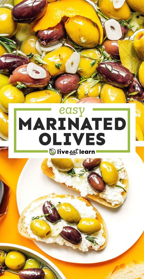 Upgrade your olives with this easy Marinated Olives recipe. It's the perfect way to add zesty Mediterranean flavor with oil, lemon, and seasonings! they're a health, vegan, gluten-free appetizer or finger food to serve at your next potluck or party! Marinated Olives Recipe, Holiday Snacks Appetizers, Olive Bar, Vegetarian Appetizer, Vegetable Appetizers, Healthy Budget, Vegetarian Italian, Marinated Olives, Red Wine Vinaigrette