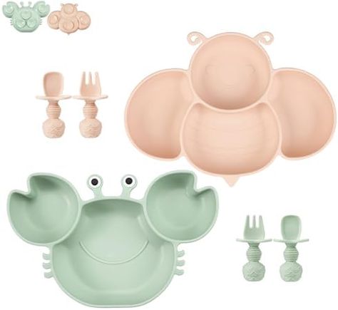 Adorable! Green Crab, Silicone Plate, Toddler Plates, Baby Dishes, Toddler Essentials, Baby Feeding Set, Baby Plates, Kids Plates, Utensils Set