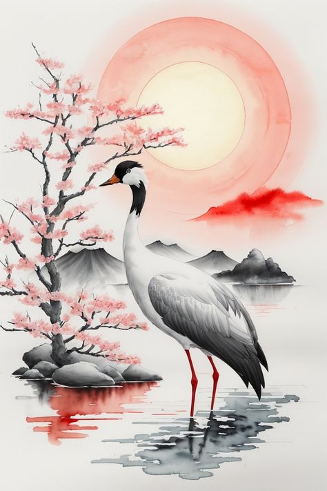 At the center of the composition stands a swish Japanese crane, a symbol of longevity, peace, and transcendence. The crane is painted with delicate, flowing brushstrokes, capturing its stylish form and problematic feathers. Its body is a pristine white, even as its wings and tail feathers are embellished with smooth sunglasses of gray and blue, giving it a experience of ethereal beauty. The crane's outstretched wings recommend a feel of freedom and enlightenment. Crane Painting, Japanese Crane Art, Crane Drawing, Japanese Bird, Japanese Crane, Chinese Landscape Painting, Watercolor Art Paintings, Scenery Paintings, China Art