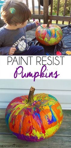 Paint Resist Pumpkins | Easy Pumpkin Decorating For Toddlers Pumpkin Painting Ideas For Preschoolers, Best Way To Paint Pumpkins, Kids Paint Pumpkins, Pumpkin Painting With Toddlers, Painting Pumpkins Preschool, Easy Toddler Pumpkin Painting, Painting Pumpkins With Toddlers, Splatter Paint Pumpkins, Baby Pumpkin Decorating