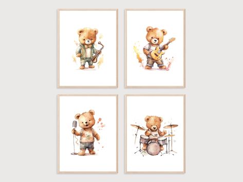 Guitar Nursery, Music Themed Nursery, Music Nursery, Teddy Bear Print, Print Music, Nursery Room Boy, Music Coloring, Nursery Inspo, Baby Music