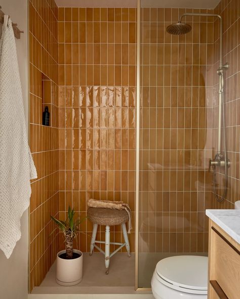 This Midcentury Row House in Toronto Feels Like a Warm Embrace | Architectural Digest Architectural Digest Bathroom, Warm Bathroom Ideas, Midcentury Modern Bathroom, Guest Bathroom Design, Warm Bathroom, Mustard Orange, Shed Home, Mid Century Bathroom, Ikea Bookshelves