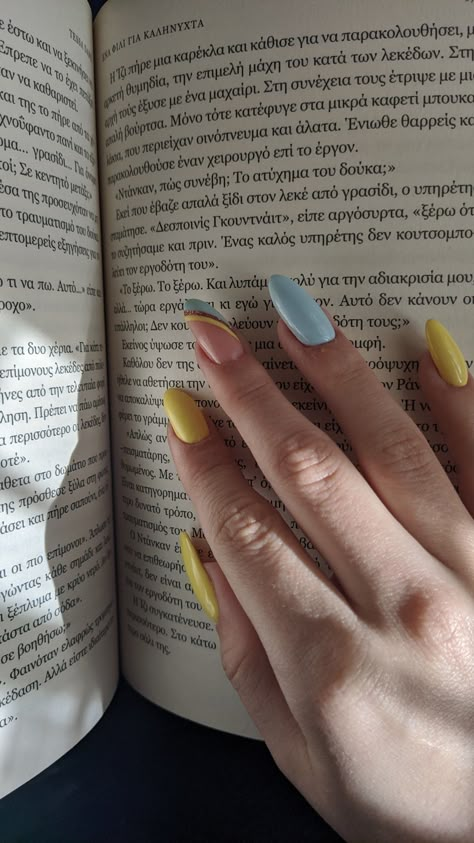 Gel nails Light Blue Yellow Nails, Blue Nails With Yellow Accent, Yellow Nails With Accent Nail, Blue And Yellow Short Nails, Nail Blue And Yellow, Blue And Yellow Pastel Nails, Blue Green And Yellow Nails, Blue And Yellow Nails Designs Summer, Yellow And Light Blue Nails