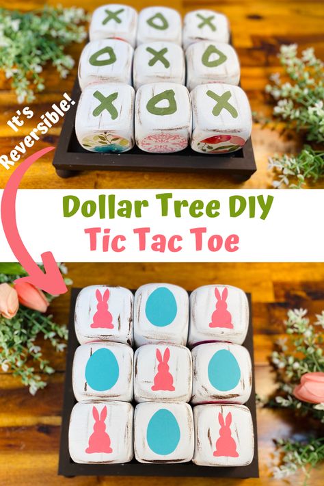 DIY Dollar Tree Reversible Tic Tac Toe #dollartree #dollartreediy #dollarstore #dollartreecrafts #diyeaster #farmhousestyle #farmhousedecor #farmhouseeaster #eastergames  #eastergift #eastercrafts #easterbasketideas #tictactoe #dollartreedice Dollar Tree Foam Dice Tic Tac Toe, Diy Scrabble Tiles Wall Art Dollar Tree, Dollar Tree Wood Dice Diy, Dollar Tree Stackable Eggs, Dollar Tree Foam Dice Diy, Dollar Tree Foam Dice Crafts, Dollar Tree Diy Easter Crafts, Dollar Tree Kids Crafts, Foam Dice Dollar Tree Crafts