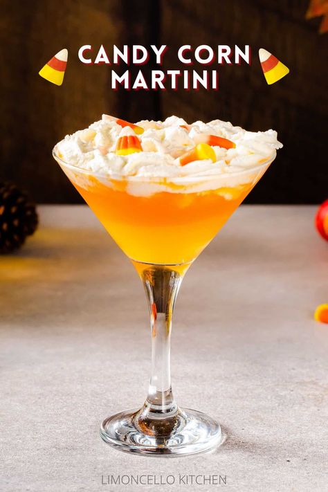 This layered Candy Corn Martini is made with candy corn-infused vodka. It's a delicious, colorful and festive cocktail for fall and Halloween! Featuring mango puree, orange juice, Cointreau and limoncello whipped cream, it tastes like a boozy orange creamsicle. Perfect for any Halloween party or harvest celebration! Candy Corn Cocktail, Candy Corn Martini, Candy Corn Bars, Raspberry Cocktail, Layered Drinks, Booze Cruise, Harvest Celebration, Pudding Shots, Halloween Cocktail