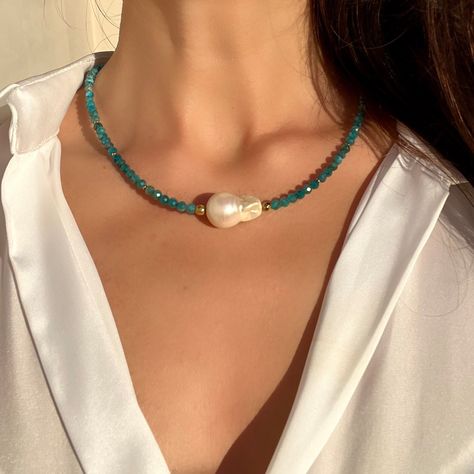 Dainty Apatite Beaded Necklace With Baroque Pearl, Delicate and Minimalist Necklace, Handmade Gemstone Jewelry, Gift for Her - Etsy Handmade Gemstone Jewelry, Handmade Beaded Necklaces, Gemstone Beaded Necklace, Chain Extenders, Gemstone Jewelry Handmade, Minimalist Necklace, Pearl Size, Necklace Handmade, Baroque Pearls