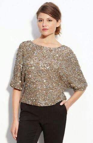 Golden # glitters # top Sparkle Top Outfit, Glitter Tops Outfit, Sequins Top Outfit, Gold Sequin Top, Gold Tops, Stylish Tops For Women, Stylish Short Dresses, Metal Clothing, Pretty Blouses