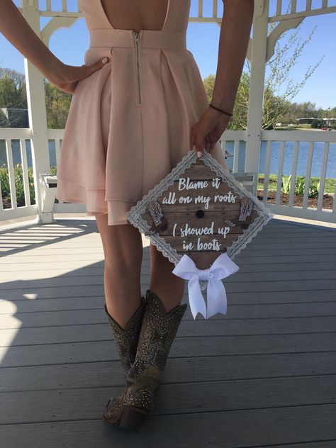 Graduation Cowboy Hat, Graduation Cap Designs Zach Bryan, Welding Grad Caps, Cowboy Graduation Cap, Graduation Outfit Ideas Western, Cowboy Boots Graduation Pictures, Lace Graduation Cap, Country Grad Cap Ideas, Country Graduation Cap Designs